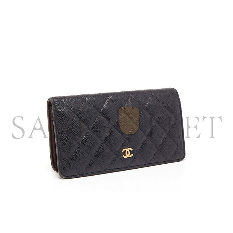 CHANEL BLACK QUILTED CAVIAR LEATHER L YEN CONTINENTAL WALLET A80285 (19.5*10*2.5cm)